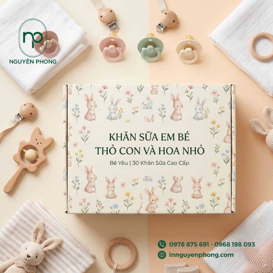 in hộp đựng khăn xô, khăn sữa cho em bé